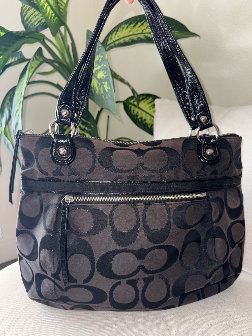 Coach Poppy Signature Sateen Glam Tote Black Jacquard "C" Monogram Print #18979
